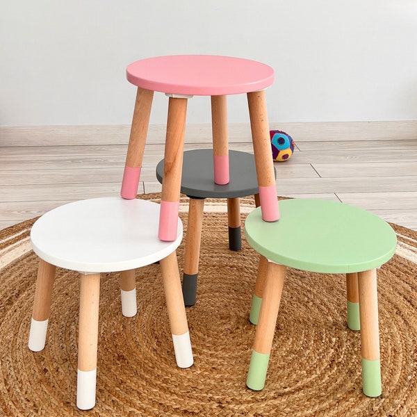 Kids Round table and Stool for toddler|wood scandi kids desk for toddler and chair stool for kids-Childrens Play Desk with wooden kids stool