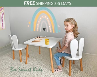 Juego de mesa y silla de madera para niños pequeños: mesa para niños y silla de conejito, escritorio y silla de madera para niños, mesa y silla de actividades Montessori