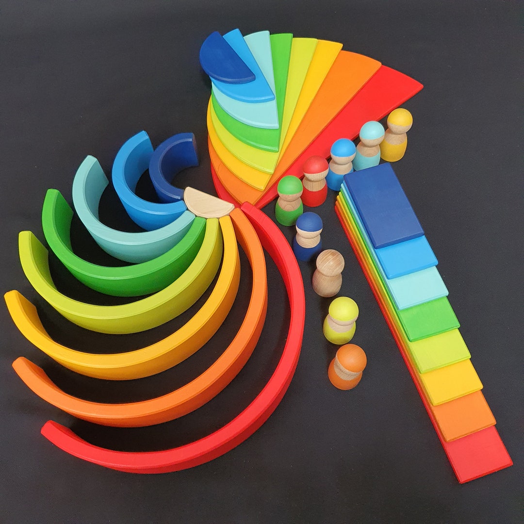 Wooden Rainbow Stacking Toy Set 34 Pieces, Rainbow , Building Boards