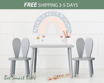 wooden montessori kids table and chair set-Rabbit Chair-Activity Table-toddler table with two chairs-Montessori Furniture-Montessori chair