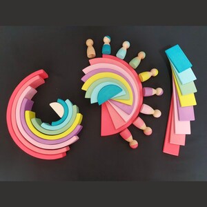 Wooden Rainbow Stacking Toy Set 34 pcs., Building Boards, Montessori Baby Toy, Rainbow Semicircles, Waldorf Toddler Toys, Christmas day
