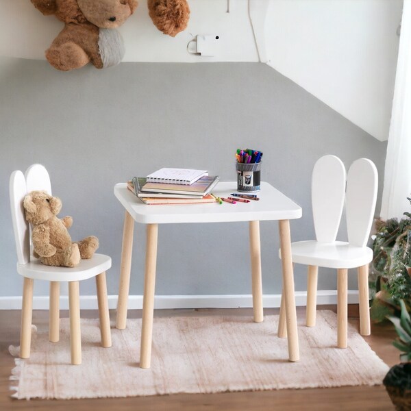 Table Montessori - Chaise Montessori - Table et chaises en bois pour enfants - Ensemble table et chaises en bois pour enfants - Table d'activités - Chaise lapin - Cadeau pour enfant