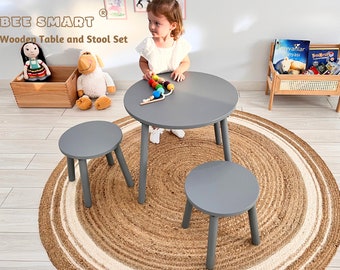 Modern wooden mini kids round playing desk and bunny ear baby chair as gift for toddler-Handmade Round Kids activity table and toddler chair