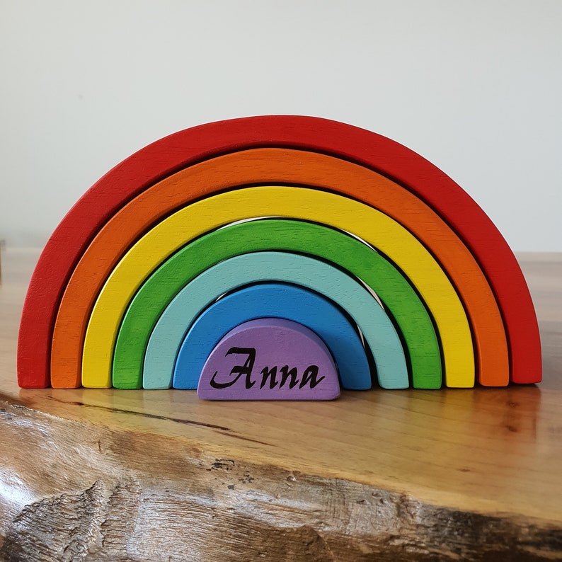 Wooden Montessori Rainbow Arch Ring Blocks Stacking Toy Kids Toddler Gifts