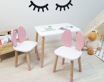 Häschen-Montessori-Möbel – Kindertisch und Stühle aus Holz, Holzstuhl, Kindermöbel, Kindertisch, Kleinkindertisch, rosa Stuhl