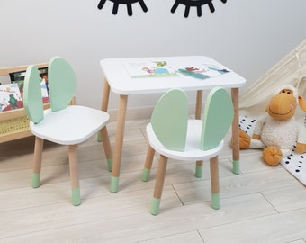 Juego de mesa y silla de madera para niños pequeños: mesa para niños y silla de conejito, escritorio y silla de madera para niños, mesa y silla de actividades Montessori