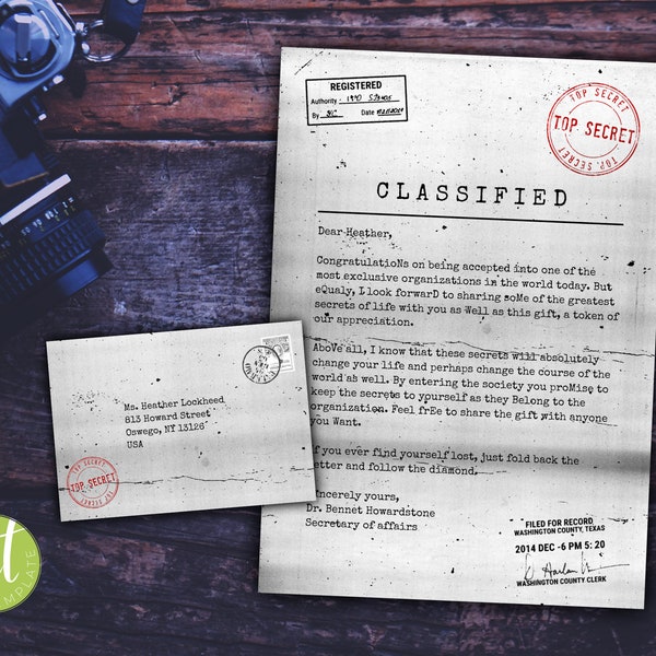 Editable Top Secret Letter Template - Editable Spy Letter - Instant Download - Envelope Included