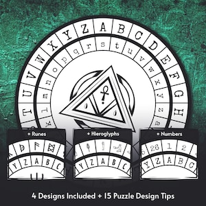 Puede incluir: Una rueda de cifrado circular en blanco y negro con letras y símbolos. La rueda está rodeada por un triángulo con un símbolo en su interior. Hay tres ruedas de cifrado más pequeñas en blanco y negro con diferentes símbolos. El texto "4 Designs Included + 15 Puzzle Design Tips" está en la parte inferior de la imagen.