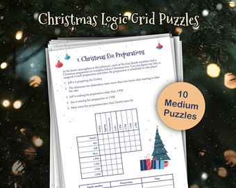 May include: A Christmas Eve logic puzzle grid with a festive Christmas tree and gift boxes. The grid has columns for family members, preparations, and times. The puzzle instructions are in the text above the grid.