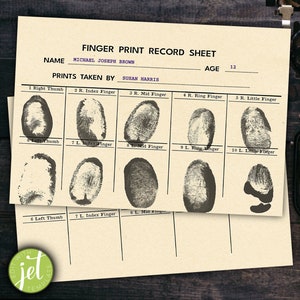 Op de afbeelding: Een vingerafdrukregistratieformulier met de naam Michael Joseph Brown en de leeftijd 12 erop gedrukt. Het formulier heeft tien vakjes voor vingerafdrukken, elk gelabeld met de vinger die het vertegenwoordigt. Het formulier ligt op een houten oppervlak.