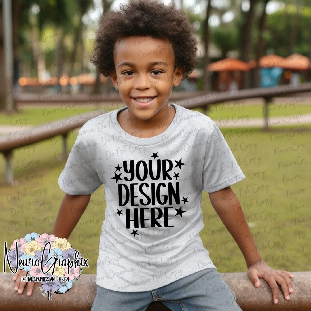 Kids Tshirt Mockup, Gray Grey Children Tshirt, African American Boy