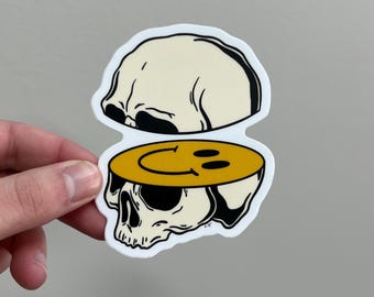 Smiley Skull Sticker | Skull Sticker | Smiley Sticker | Laptop Sticker | Water Bottle Sticker | Original Art Sticker | Happy Happy Happy |
