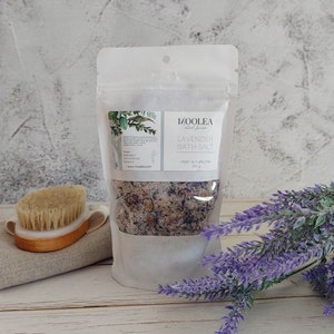 Lavender bath salt, calming and relaxing bath salt, lavender bath salt in doypack, lavender feet salt, feet salt