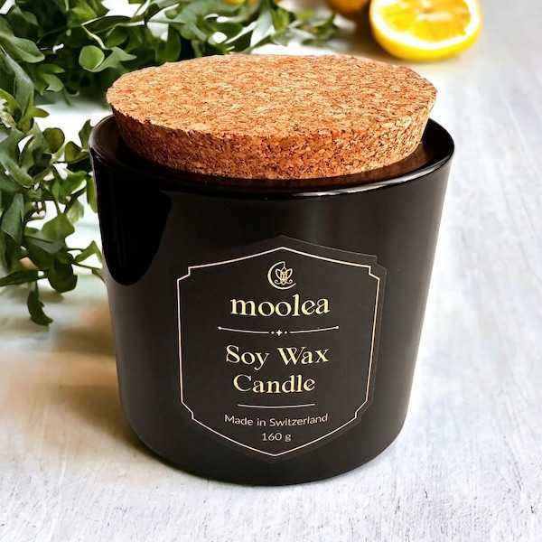 Green tea and bergamot soy wax candle, luxury black jar candle, wooden wick soy wax candle