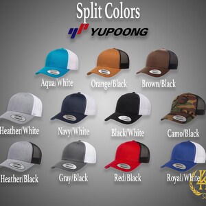 May include: A collection of 10 trucker hats with different color combinations. The hats are split into two colors, with one color on the front and the other on the back. The colors include aqua, white, orange, black, brown, navy, camo, heather, gray, red, and royal.