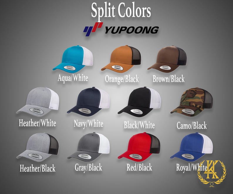 May include: A collection of 10 trucker hats with different color combinations. The hats are split into two colors, with one color on the front and the other on the back. The colors include aqua, white, orange, black, brown, navy, camo, heather, gray, red, and royal.