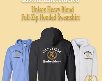 Sudadera con capucha y cremallera completa bordada personalizada / Sudadera unisex de mezcla de algodón