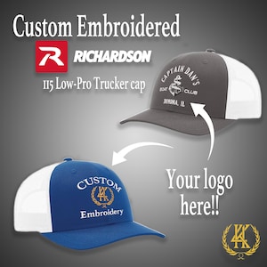 May include: Image of two custom embroidered trucker caps. One is gray with a white mesh back, the other is blue with a white mesh back. The text reads "Custom Embroidered" and "Your logo here!!". The Richardson logo is also visible.