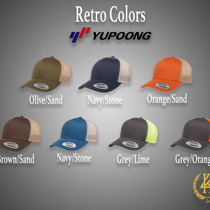 May include: A set of ten trucker hats in various color combinations. The hats are all the same style, with a mesh back and a solid front panel. The colors include olive, sand, navy, stone, orange, brown, grey, and lime.