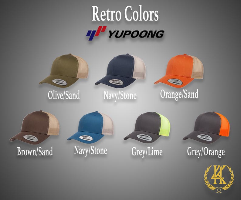 May include: A set of ten trucker hats in various color combinations. The hats are all the same style, with a mesh back and a solid front panel. The colors include olive, sand, navy, stone, orange, brown, grey, and lime.