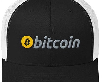 May include: Black and white trucker hat with a yellow Bitcoin logo and the word "bitcoin" embroidered in gray on the front.