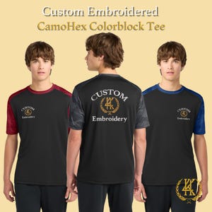 May include: Three black CamoHex colorblock tees with custom embroidery. One has burgundy sleeves, another has gray camo sleeves, and the third has blue sleeves. Each shirt features the "Custom Embroidery" logo on the front and back.