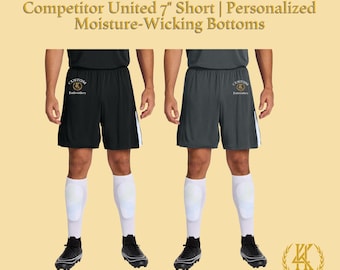 Puede incluir: Pantalones cortos de fútbol negros y grises con rayas laterales blancas. Los pantalones cortos miden 17,78 cm de largo y tienen un logotipo bordado personalizado. Parte inferior que absorbe la humedad.