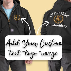 May include: Black hooded jacket with a gold embroidered logo on the front and back. The jacket has a zipper closure and pockets. The text "Custom Embroidery" is on the back. The image also includes the text "Add Your Custom text-logo-image".