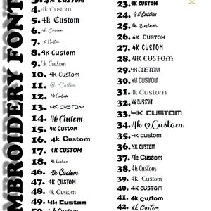 May include: A list of 4K embroidery font options numbered 1 through 53. The fonts are in various styles, including script, block, and cursive. The list is on a white background.