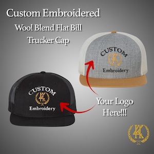 May include: Two custom embroidered trucker caps. One is black with a black mesh back, the other is gray with a white mesh back. Both have "CUSTOM Embroidery" in a gold design. The text "Your Logo Here!!!" is also visible.