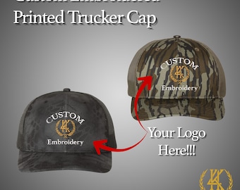 May include: Two custom embroidered trucker caps. One is dark gray with a mesh back, the other is camouflage with a mesh back. Both caps have the text "CUSTOM Embroidery" and a logo. The image also includes the text "Your Logo Here!!!".