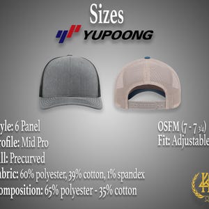 May include: A gray and black trucker hat with a curved bill. The hat is made of 60% polyester, 39% cotton, and 1% spandex. The hat is adjustable and fits sizes 7 to 7 3/4.