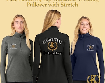 Pulôver feminino de lã flexível com bordado personalizado e zíper 1/4 | Pulôver personalizado com absorção de umidade e elasticidade