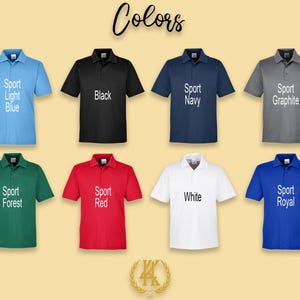 May include: A set of ten polo shirts in various colors, including light blue, black, navy, graphite, forest green, red, white, and royal blue. Each shirt has the word "Sport" printed on the front, followed by the color name.