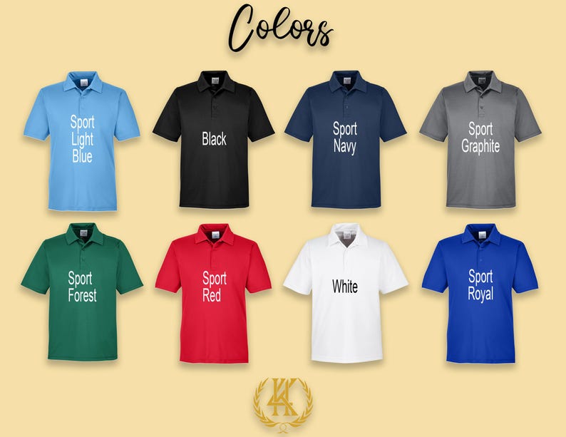 May include: A set of ten polo shirts in various colors, including light blue, black, navy, graphite, forest green, red, white, and royal blue. Each shirt has the word "Sport" printed on the front, followed by the color name.