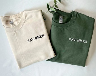 Roman Numeral Embroidered Sweatshirt, Pocket Embroidered Sweatshirt, Anniversary for him her, Couples Engagement Sweatshirts Hoodies