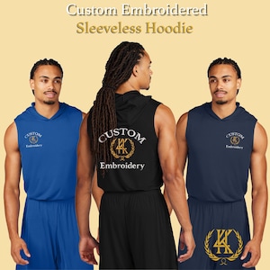 May include: Three sleeveless hoodies in blue, black, and navy. Each hoodie has a hood and the words "Custom Embroidered Sleeveless Hoodie" at the top. The hoodies have the word "Custom" and a logo embroidered on the front.