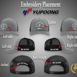 May include: A gray and black baseball cap with a white embroidered logo that says "Captain Dan's Boat Club, Donora, IL". The cap has a mesh back and is shown in different embroidery placement options, including center, left side, right side, back straight, and back arched.