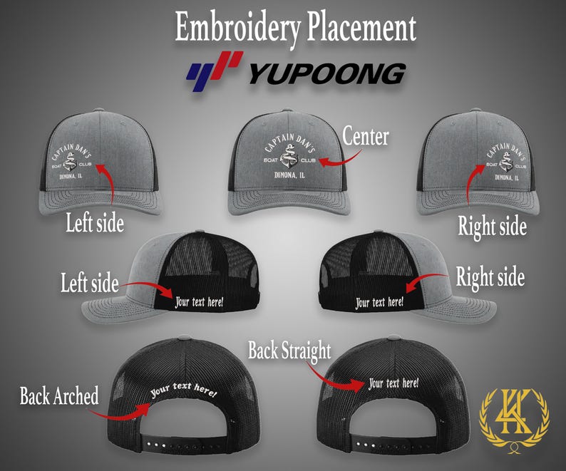 May include: A gray and black baseball cap with a white embroidered logo that says "Captain Dan's Boat Club, Donora, IL". The cap has a mesh back and is shown in different embroidery placement options, including center, left side, right side, back straight, and back arched.