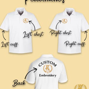 May include: White polo shirt with a gold embroidered logo on the left chest, right chest, and back. The logo features a stylized "K" with a laurel wreath around it. The text "CUSTOM EMBROIDERY" is below the logo on the back.