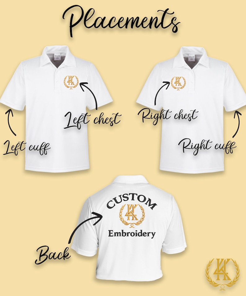 May include: White polo shirt with a gold embroidered logo on the left chest, right chest, and back. The logo features a stylized "K" with a laurel wreath around it. The text "CUSTOM EMBROIDERY" is below the logo on the back.