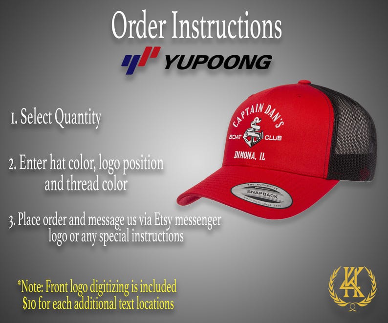 May include: Red and black trucker hat with a white embroidered logo that says "Captain Dan's Boat Club Dimona, IL". The hat has a black mesh back and a white snap closure.