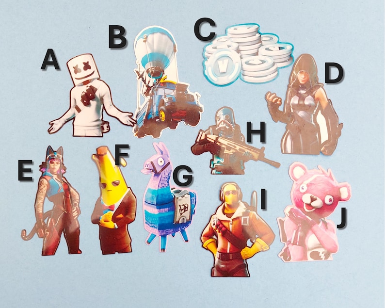 May include: A set of ten Fortnite character stickers. The stickers feature characters like Marshmello, a llama, a pink bear, a banana, and a soldier. The stickers are printed on a clear background.
