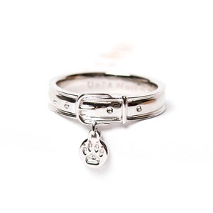 May include: A silver ring with a dog collar design and a paw charm. The ring is on a white background.