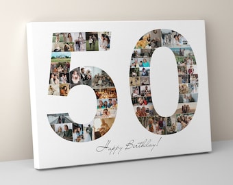 Fotokollage på canvas för 50-årsdag, fotokollagepresent, 50-årspresent, fotokollage med siffror, 50-årsjubileumspresent, 50-årsdekorationer