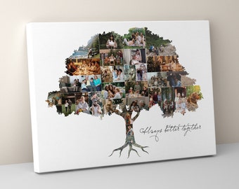 Collage dell'albero genealogico stampato su tela, foto dell'albero genealogico personalizzata, collage fotografico dell'albero genealogico personalizzato, regalo di anniversario per i genitori