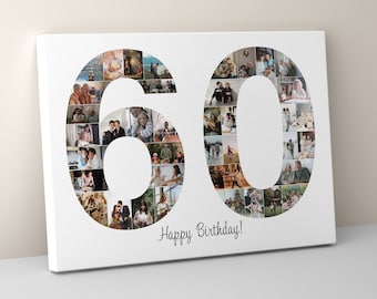 60th Birthday Photo Collage Canvas, Number Photo Collage, 60th Birthday Gift, Photo Collage Gift, 60th Anniversary Gift, 60th Decorations