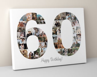 May include: A white canvas print featuring a photo collage of the number 60. The number is made up of many smaller photos of people. The text "Happy Birthday!" is printed below the number.