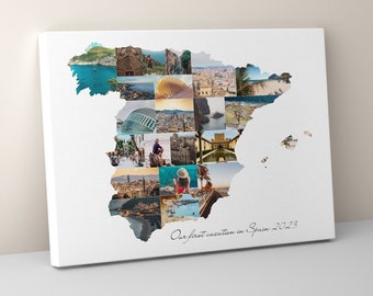 Spanien Karte Foto Collage Leinwand, jede Karte Foto Collage, personalisierte Spanien Reise Urlaub Souvenir Geschenk, Reisegeschenke, Reiseüberraschung