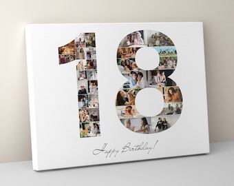 18th Birthday Photo Collage Canvas, 18th Birthday Gift For Girl Or Boy, Number Photo Collage, Photo Collage Gift, 18th Birthday Decorations